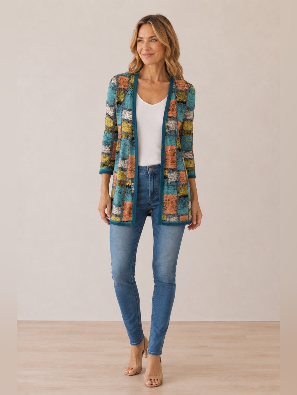 Foresti Women's Pastel Block-Pattern Open Cardigan - Teal/Peach US 16 Euro